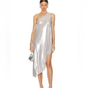 NEW Norma Kamali Revolve 1 shoulder diagonal tunic Dress metallic silver lamé S